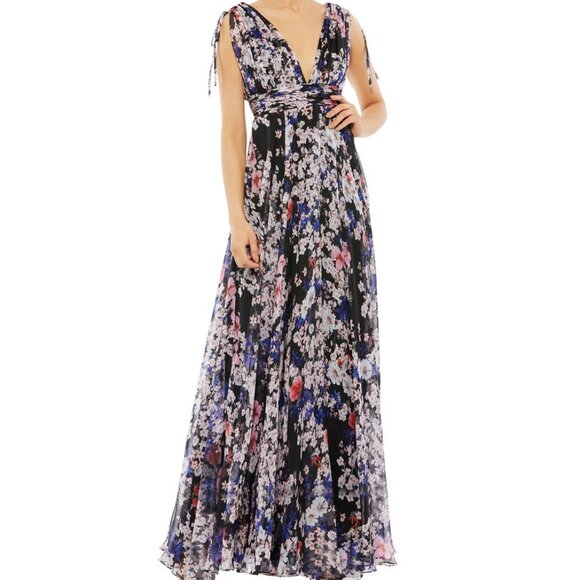 Mac Duggal Black Multi Pleated Floral Chiffon A Line Gown